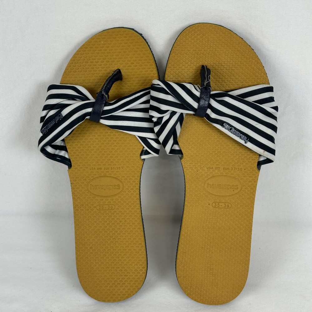 Havaianas Sandals Womens Size 6 Navy White Stripe Bow Flip Flop Slide Brazil